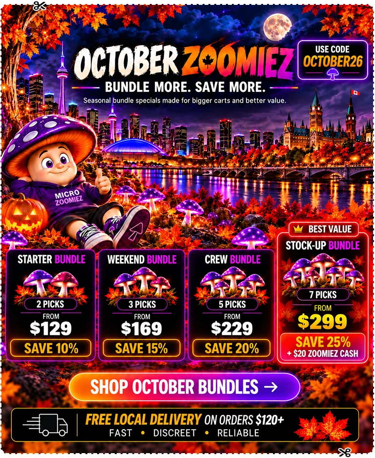 Micro Zoomiez cartoon mushroom character promoting OCTOBER SAVINGS, UNLOCK UP TO 25% OFF YOUR ORDER