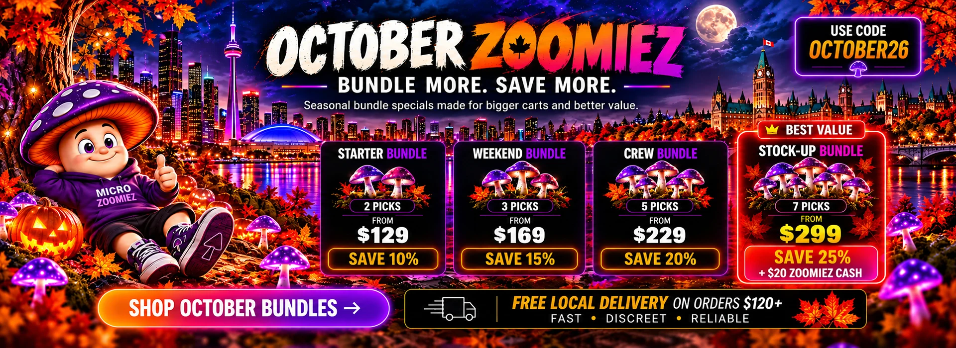 Micro Zoomiez cartoon mushroom character promoting OCTOBER SAVINGS, UNLOCK UP TO 25% OFF YOUR ORDER