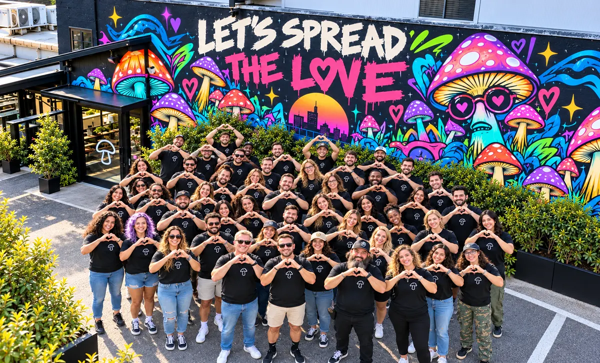 Diverse team posing together in front of a colorful psychedelic mushroom mural, wearing matching black shirts and forming heart shapes with their hands.